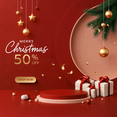 Naklejka premium Merry Christmas and Happy New Year. Promotion with red and gold ribbon, christmas ball, text gift box. Christmas discount offer Illustration