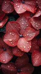 Red flowers covered in raindrops with deep green leaves in a close up view during daytime