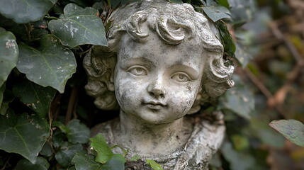 Obraz premium Cherubic sculpture enveloped in ivy a serene blend of nature and artistry in an atmospheric garden setting