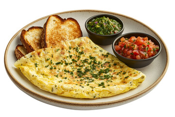 Delicious omelette served with toasted bread and fresh salsa, garnished with herbs,Isolated on transparent background