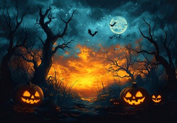 Fototapeta premium Mystical Scene of Pumpkins and Trees Beneath a Moonlit Sky Filled with Bats.