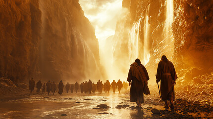 Biblical journey through sunlit canyon - historical and spiritual concept for design