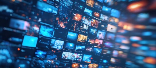 Fototapeta premium Abstract digital background of many colorful video tiles on dark blue backdrop.