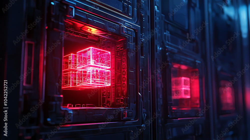 Poster Futuristic glowing data cubes illuminating a high-tech digital storage system for advanced data management solutions