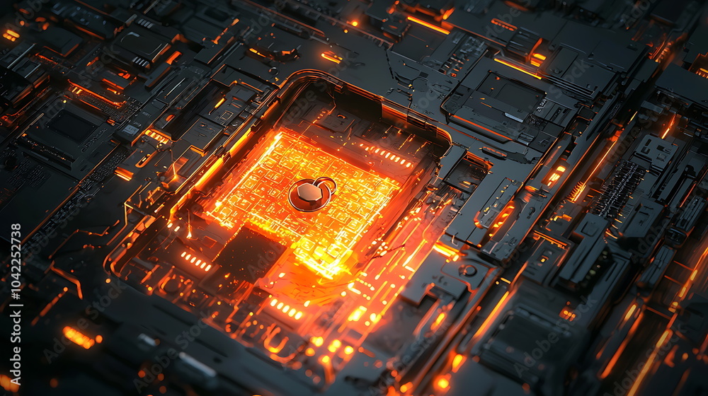 Poster innovative futuristic microchip design featuring radiant glowing elements in an advanced technologic