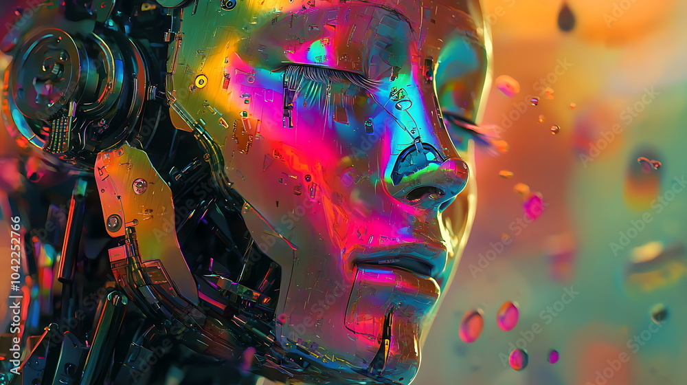 Aufkleber Exploring the intersection of art and technology a futuristic robot face embodying vibrant colors and abstract elements