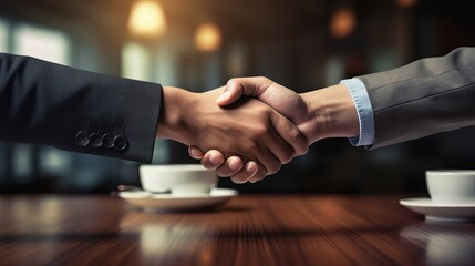 Business partners shaking hands in a modern café during a professional meeting