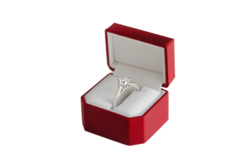 Elegant engagement ring in red velvet box against , perfect for proposals and romantic gestures,Isolated on transparent background