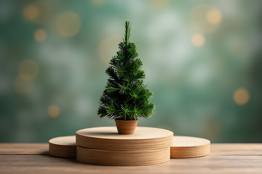 tiny christmas tree stands wooden podium holiday season officially begins