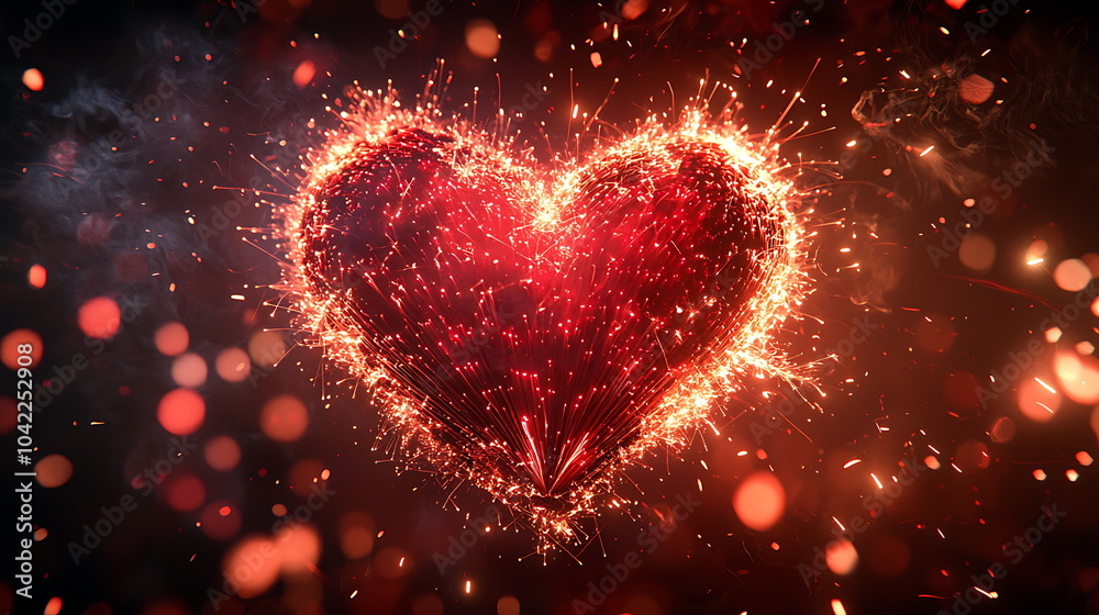 Poster Captivating glowing heart with sparks illuminating a dark background symbolizing passion and emotion in a stunning display