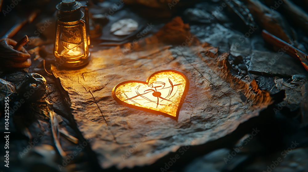Poster An illuminated heart symbol on parchment accompanied by a lantern capturing a warm and enigmatic glow in a mystical setting