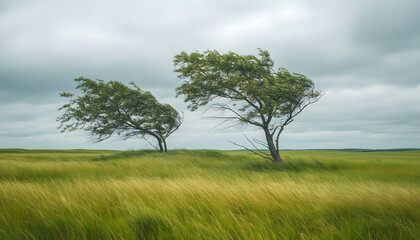Two wind blown trees in a grassy field on a cloudy day