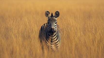 Fototapeta premium A zebra standing gracefully among tall golden grasses in the savanna at sunset