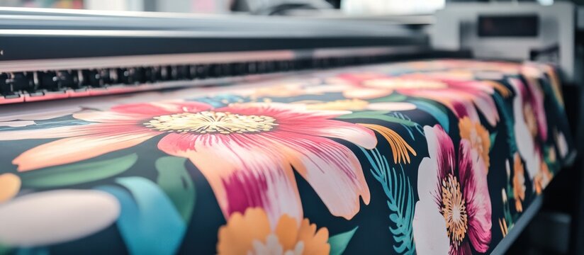 Fabric being printed with large scale floral pattern on a wide format printer.