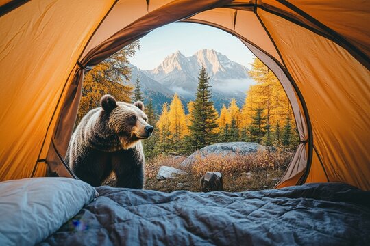 A curious bear explores the tranquil forest campsite at sunrise, surrounded by vibrant autumn foliage and majestic mountains