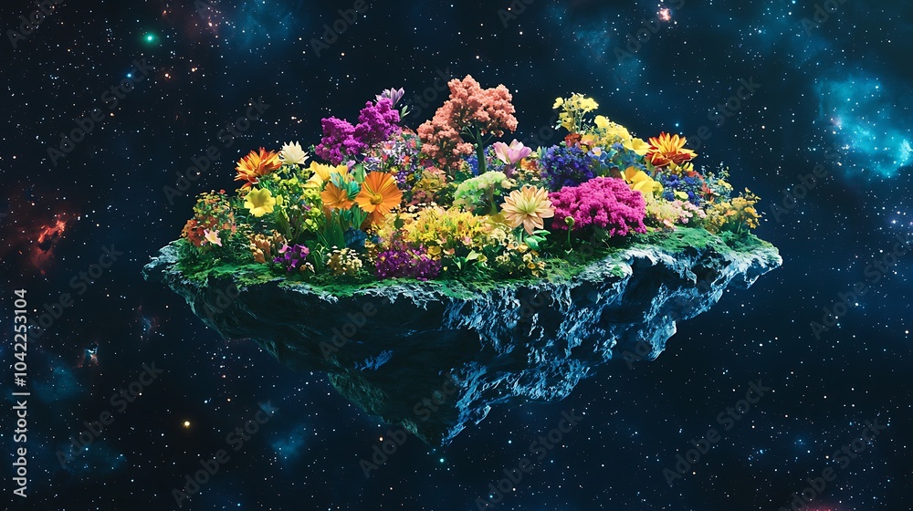 Aufkleber a magical floating island in deep space adorned with colorful flowers capturing the essence of cosmi