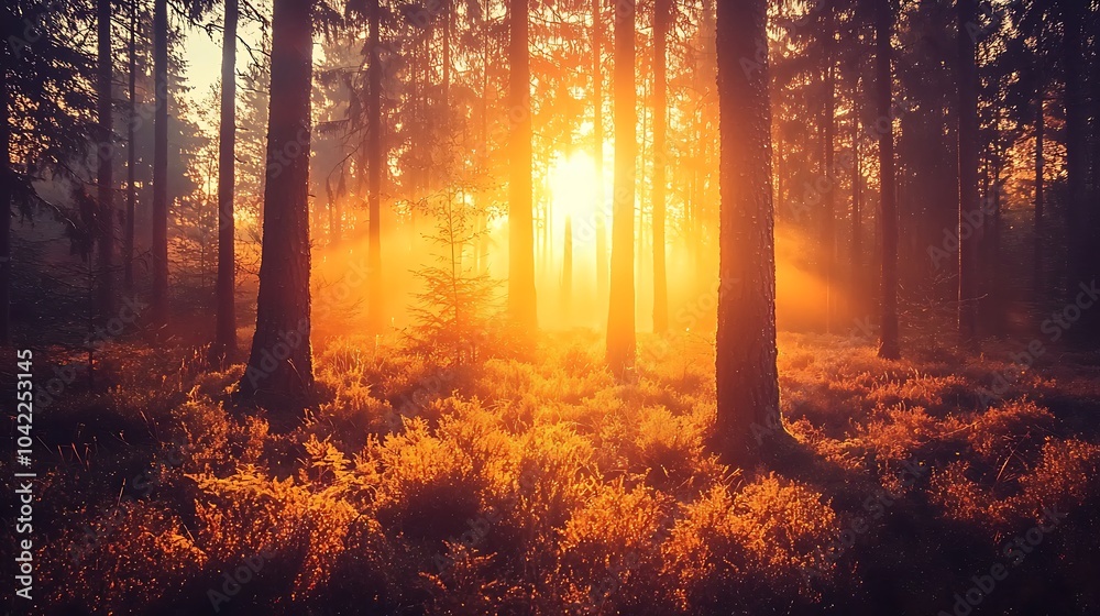 Poster a magical forest illuminated by two radiant suns casting a warm glow through the trees and creating 