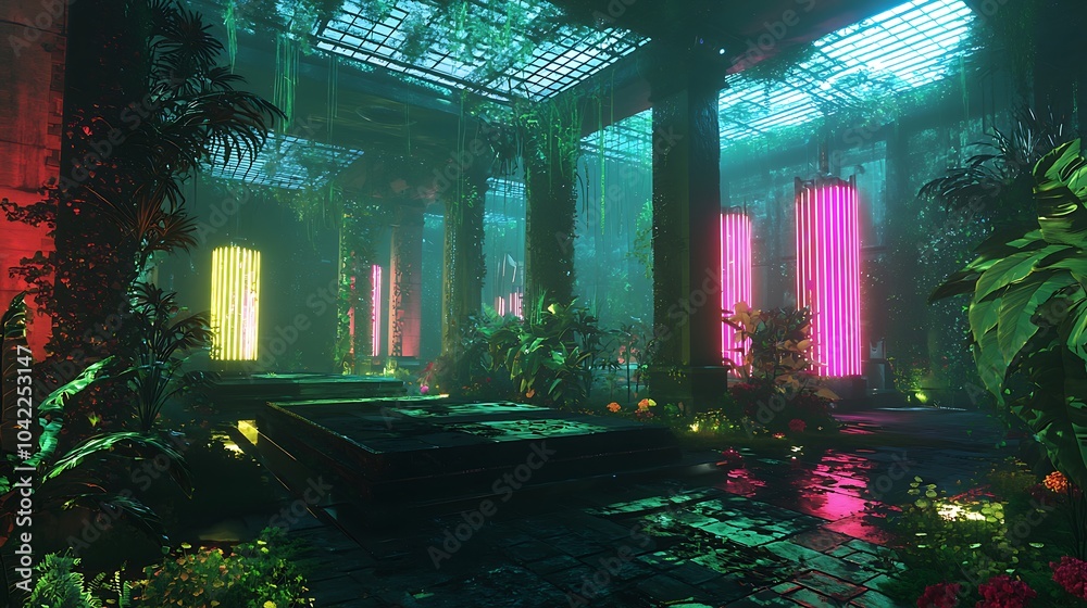 Aufkleber exploring the enigmatic ruins a cybernetic temple overrun by luminous flora and neon glow in a forgo