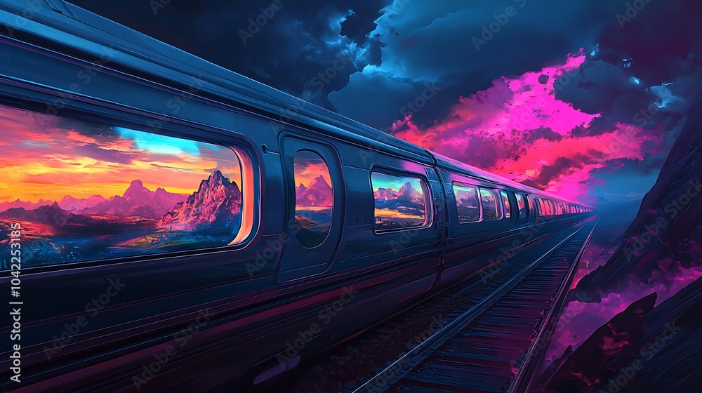 Poster a journey through dreamlike landscapes on a futuristic train exploring the intersection of technolog