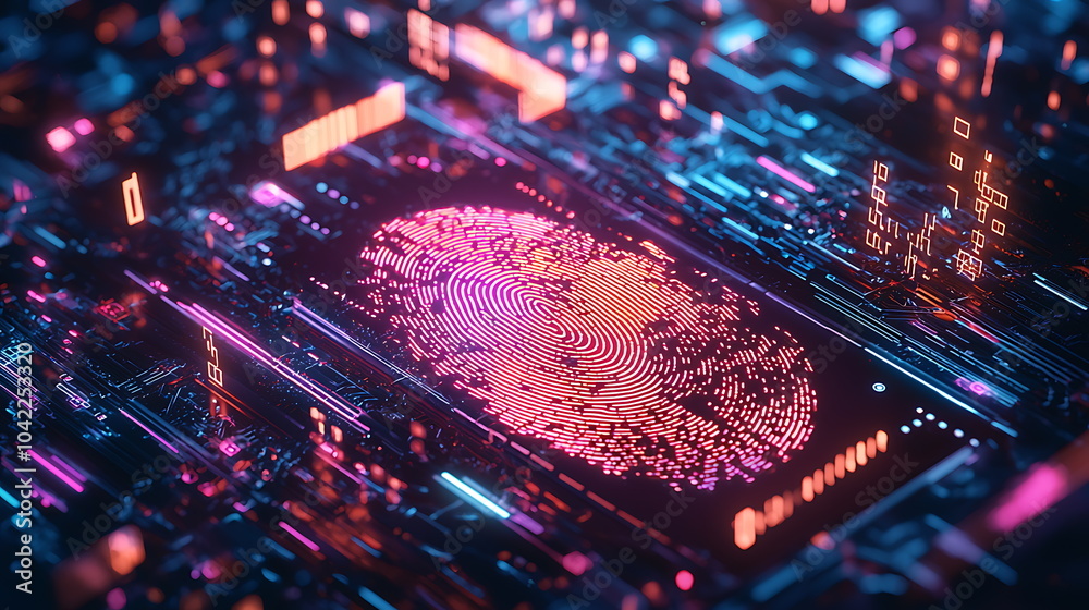 Poster Futuristic digital fingerprint an abstract exploration of technology and security in a colorful glowing environment