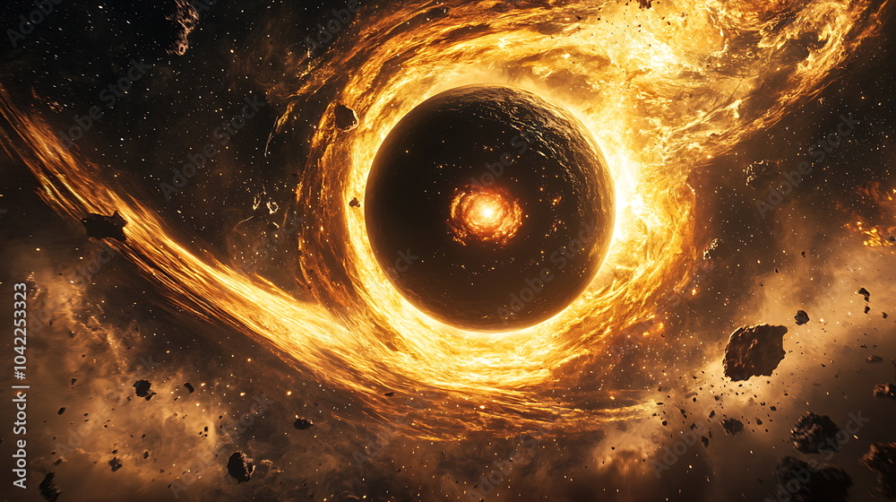 Poster Abstract cosmic scene featuring a black hole surrounded by stars illuminating the vastness of space with celestial wonders