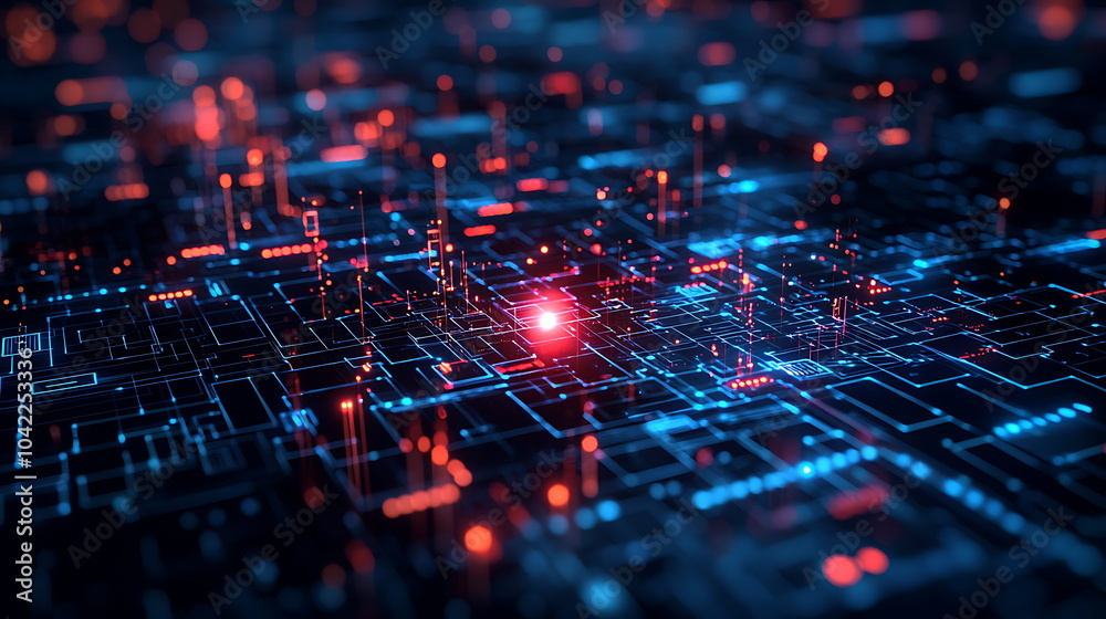 Aufkleber Exploring the intricacies of an abstract digital landscape illuminated by bright glowing nodes and circuits in a technological realm
