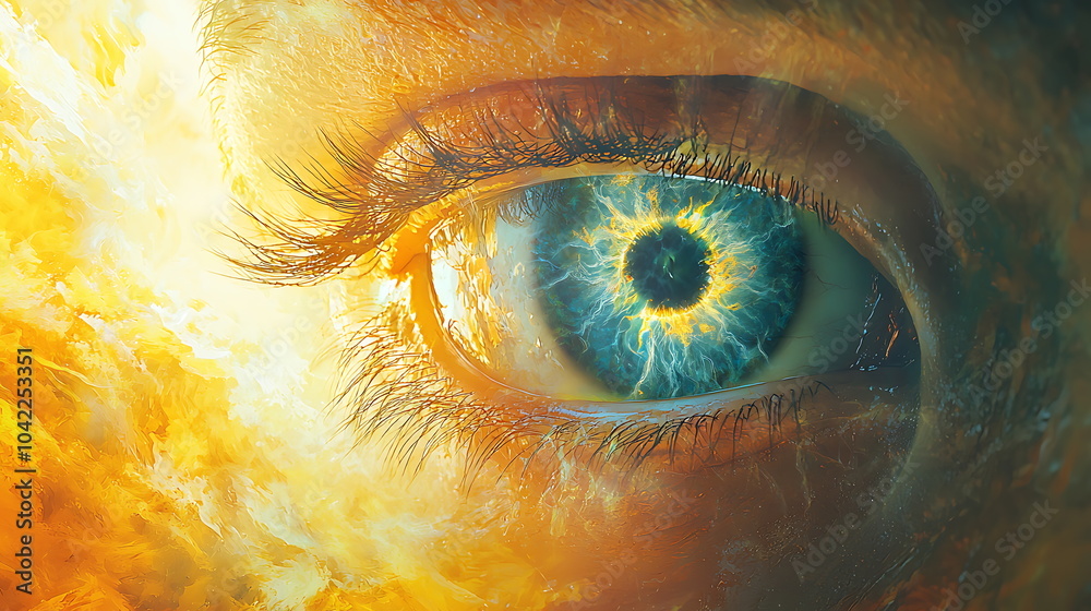Poster exploring the depths of perception an abstract representation of an eye intertwined with fiery eleme