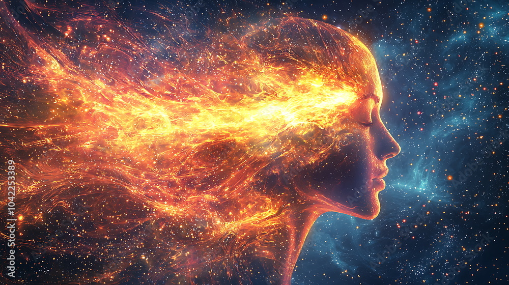 Poster Exploring the cosmic connection an abstract human profile radiating energy and enlightenment in the universe
