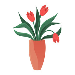 Cute romantic bouquet of tulips in vase. Beautiful spring pink flowers. House interior decoration element. Flower buds with leaves in glass vase. Decorative flowerpot with bouquet vector illustration