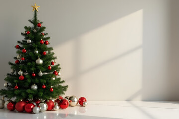 christmas decorations adorn minimalist stage backdrop pine tree amidst festive glass balls