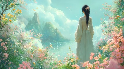 Dreamy Fantasy Landscape with a Woman in a Flower Garden