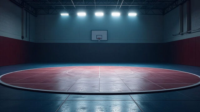 Basketball court with circular wrestling mat in dimly lit gymnasium