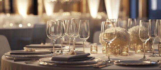 Close up of a beautifully set table with white flowers in the center and wine glasses.