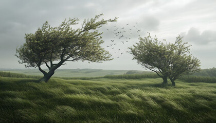 Two wind blown trees in an open grassy field on a gloomy day