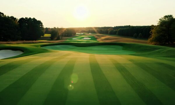 Pan shot with crisp morning light: The camera starts with a tight shot of a golf tee and ball. It pans across the course, capturing the crisp morning light as it highlights the contours of the fairway