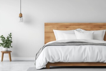 A minimalist bedroom with a wooden headboard, white bedding, a gray blanket, and a small wooden bedside table with a plant, creating a clean and serene atmosphere