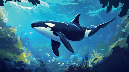 Beautiful Killer Whale Swimming Gracefully In The Deep Blue Sea Surrounded By Bubbles And Colorful Coral Reef Cartoon Illustration