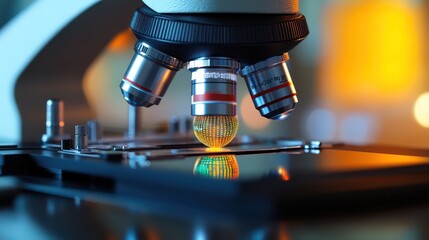 microscope focusing on a sample slide with reflections of scientific data projected on the glass surface symbolizing precision in research