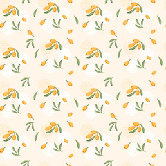 Fototapeta premium Сute seamless pattern of sea buckthorn twigs and sea buckthorn berries on a light background