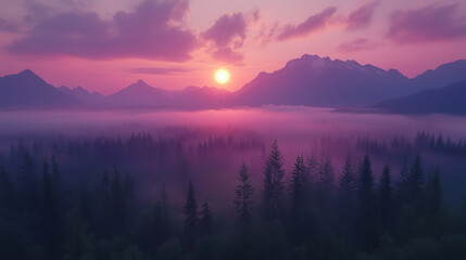 Misty sunrise over a forest landscape with majestic mountain silhouettes, vibrant colors of dawn in the sky, and a peaceful atmosphere for nature and outdoor backgrounds