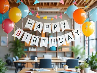 Happy Birthday banner hanging in modern office workspace with balloons and decorations. Office birthday party decoration