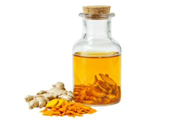 Glass bottle of turmeric oil with ginger root and turmeric slices,Isolated on transparent background