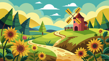 Fototapeta premium A colorful landscape featuring a windmill, vibrant sunflowers, and rolling hills under a bright blue sky