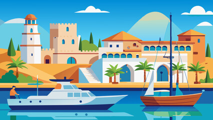 Obraz premium A serene coastal landscape featuring sailboats near a historic castle under a bright blue sky with mountains in the background