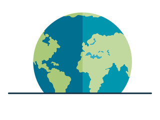 Simplified Earth globe highlighting continents in green and the ocean in blue, set against a white background. Ideal for geography, education, environmental awareness, global connectivity, and