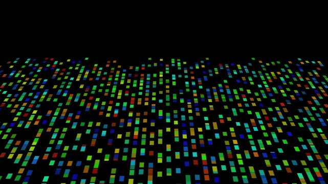 abstract background with lines and multicolor squares.
Digital simulation of code scrolling on dark background as DNA or code string packets. Abstract data visualization concept with multicolor square