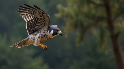Fototapeta premium A peregrine falcon in flight, wings outstretched, with a blurred forest background.