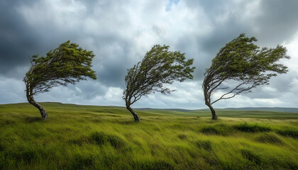 Three wind blown trees in an open grassy field on a cloudy day
