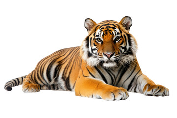 Obraz premium Majestic tiger lounging, showcasing vibrant orange and black stripes,,Isolated on transparent background
