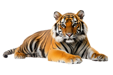 Majestic tiger lounging, showcasing vibrant orange and black stripes,,Isolated on transparent background